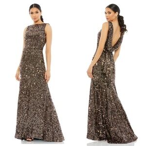 Mac Duggal Cowl Back Boat Neck Sequin Gown